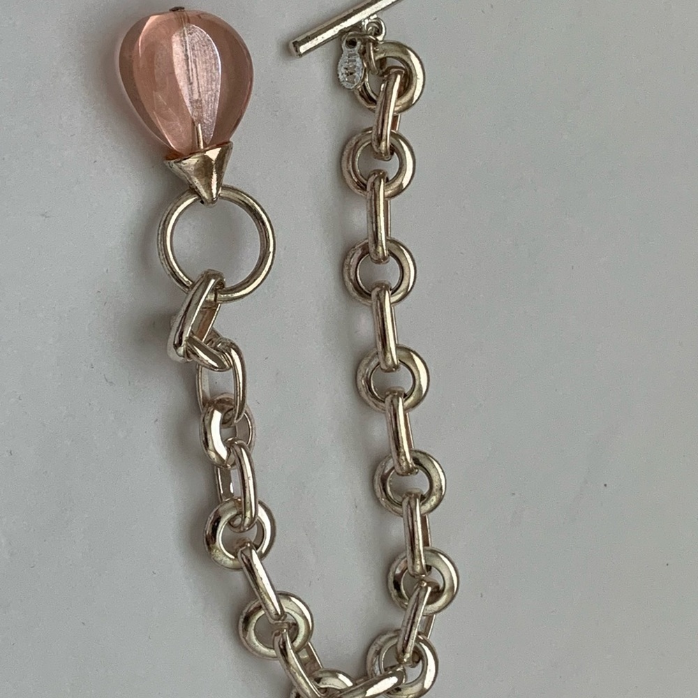 VTG Anne Klein silver circle link bracelet signed AKII pink teardrop charm 80’s - Picture 8 of 9